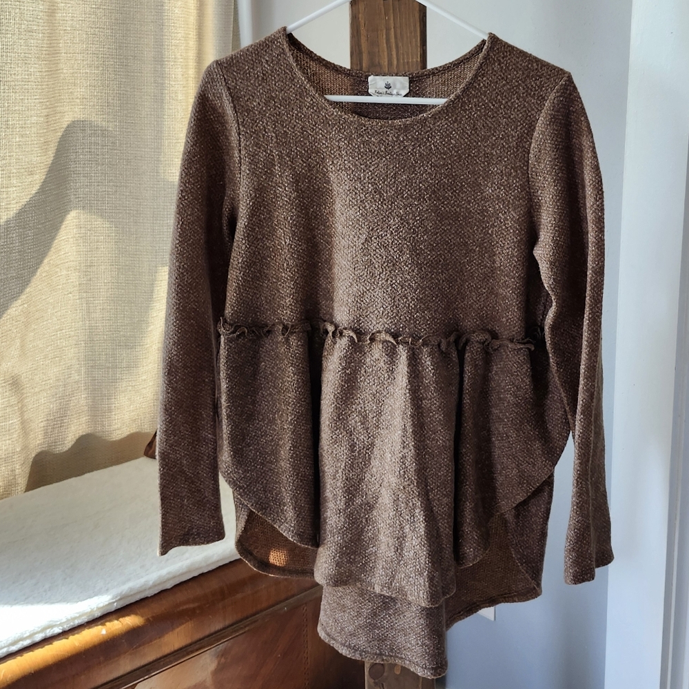 Brown Long Sleeve Peplum Fall Knit Sweater Top, Size M